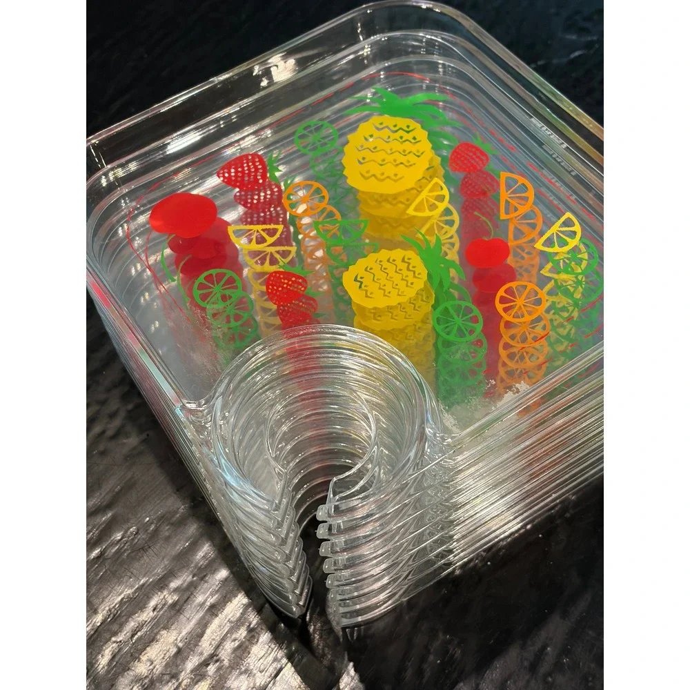 Vintage Acrylic Tropical Fruit Snack Trays with Wine Glass Holder Set of 8